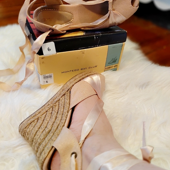 Y2K Peach Golddust Platform Jute Wedges Size 6 - Picture 3 of 9